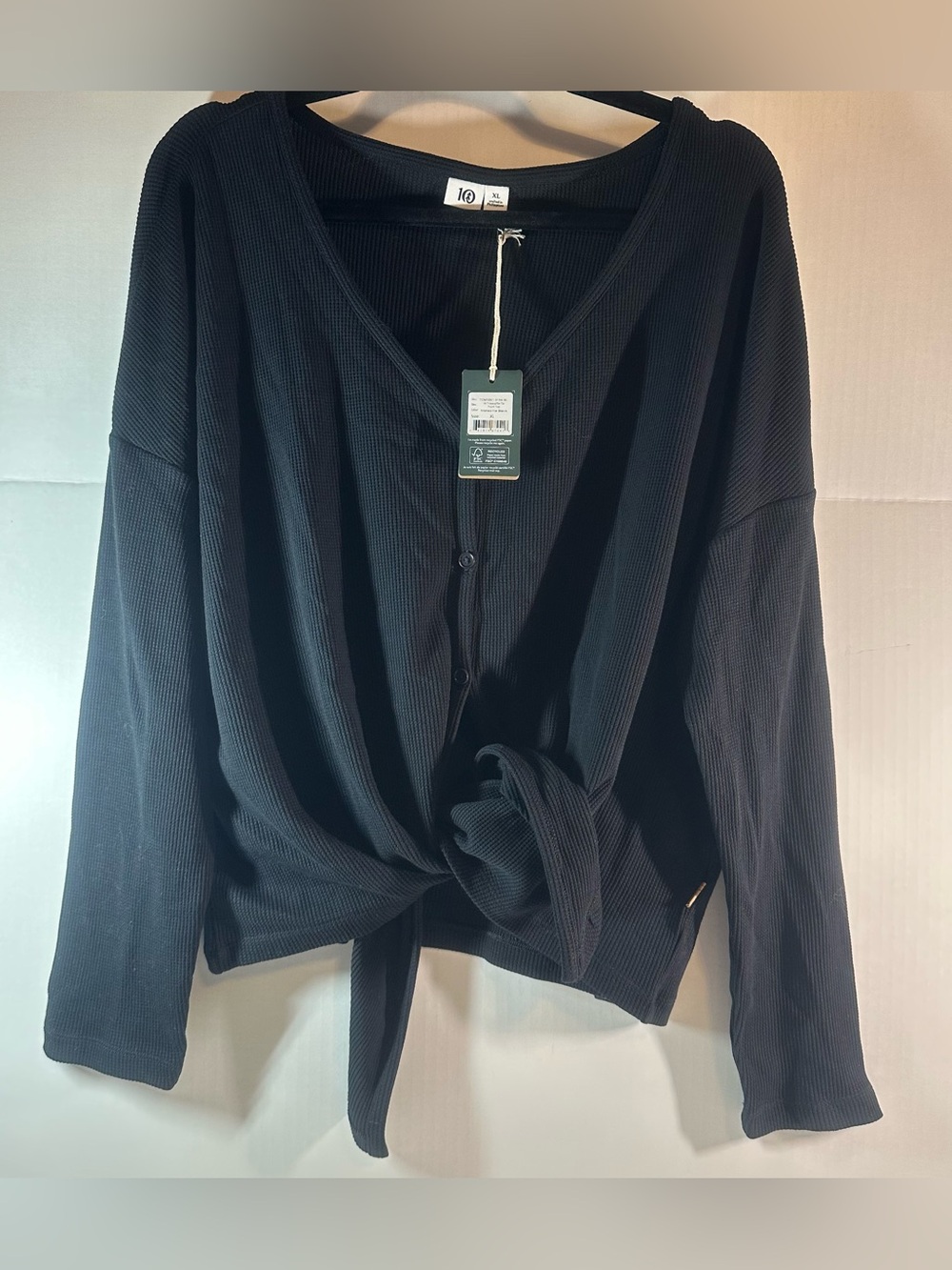 Ten Tree Black Ribbed Tie-Front Long Sleeve Top